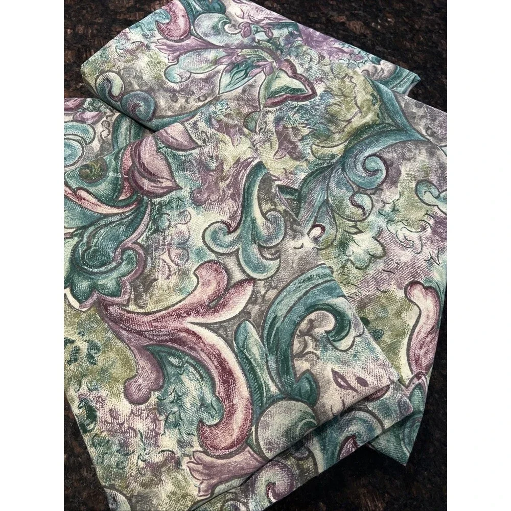 Vintage Curtains 61” x  40” Green Purple Print 4 Panels 1990’s